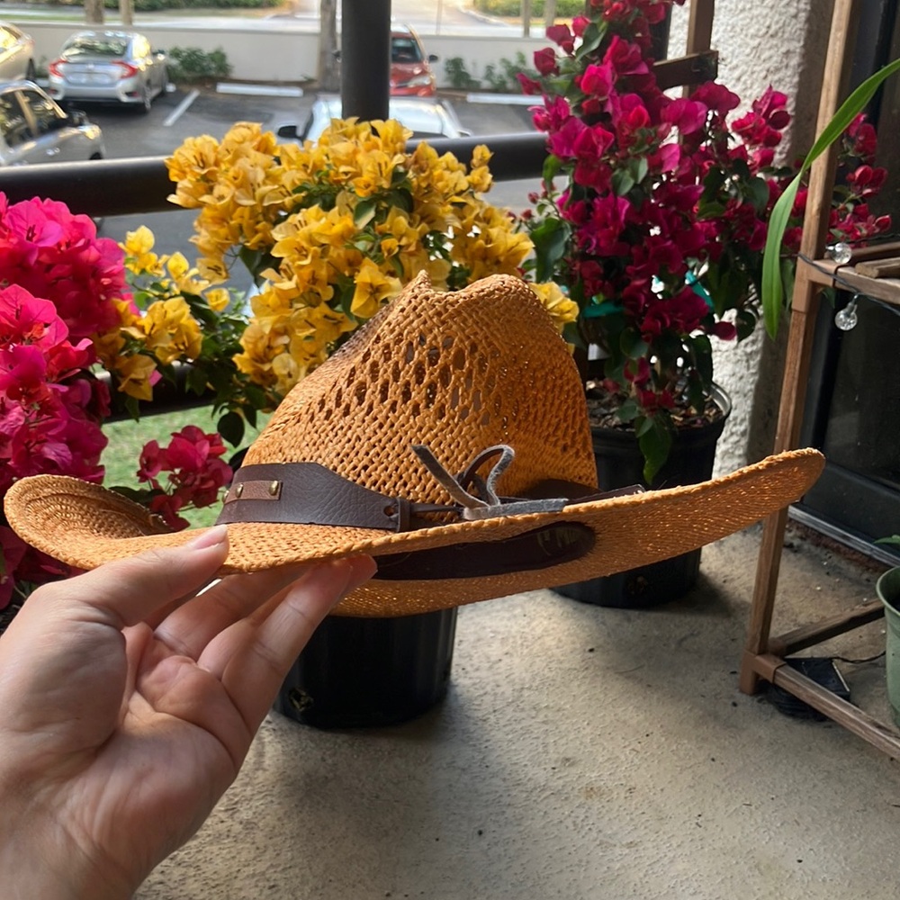 Stylish Tan Straw Hat with Brown Band